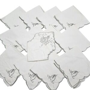 Vintage MCM Linen Embroidered Table 12 Napkins Table Centerpiece‎ Set White Gray